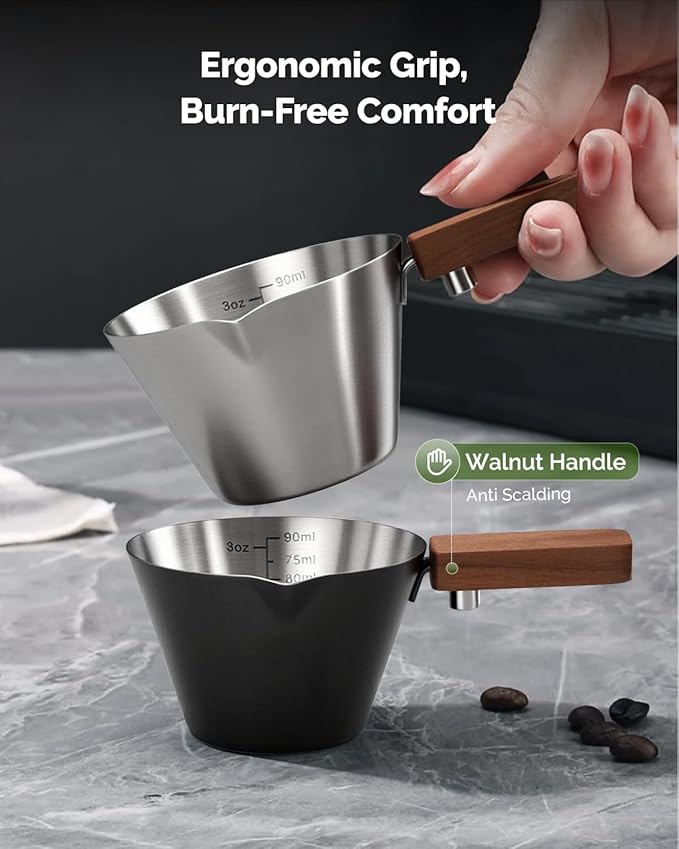 Maestri House Espresso Measuring Cup, Stainless Steel Espresso Shot Cup, Wide Mouth & V-shaped Pour Spout Coffee Mug with Handle Scale for Latte, Dirty, Americano, Cappuccino, Macchiato (Black)