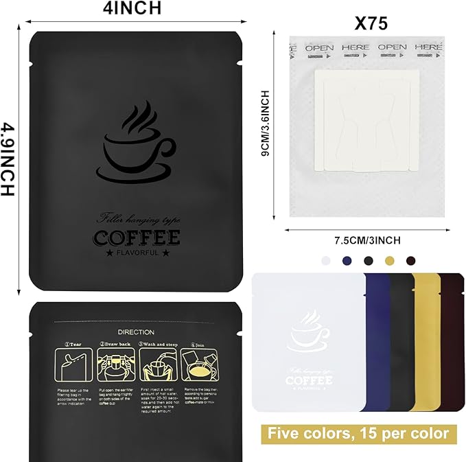 75 Pcs Coffee Filter Paper Bag with 75 Pcs Aluminum Foil Coffee Storage Packaging Bags Food Grade Disposable Drip Hanging Ear Drip Coffee Bag Perfect for Travel Camping Home and Office Use