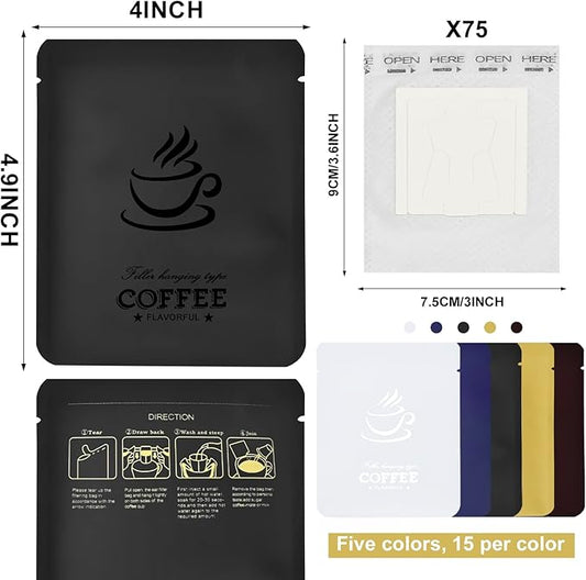 75 Pcs Coffee Filter Paper Bag with 75 Pcs Aluminum Foil Coffee Storage Packaging Bags Food Grade Disposable Drip Hanging Ear Drip Coffee Bag Perfect for Travel Camping Home and Office Use