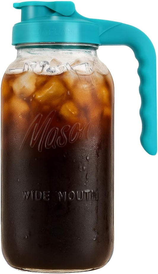Mason Jar Pitcher - Airtight & Leakproof Glass Pitcher with Lid, Perfect for Breastmilk, Cold Brew Coffee, Sun Tea, Water & Drinks, 2 Quart (64 oz) Wide Mouth Mason Jar with Pour Spout Lid - Teal