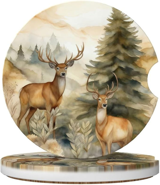 Car Cup Holder Coasters, 2 Pcs Ceramic Coasters with Finger Slot and Cork Back, Anti-Slip Shock Absorbing Women and Men Universal Car Accessories - Artistic Deer