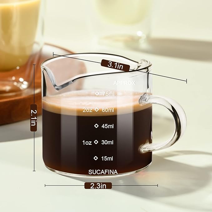PARACITY Espresso Cup with Handle, 2.5 OZ Double Spout Clear Glass Measuring Cup with Dual Scale, Espresso Shot Glass with V-Shaped Mouth, Espresso Accessories