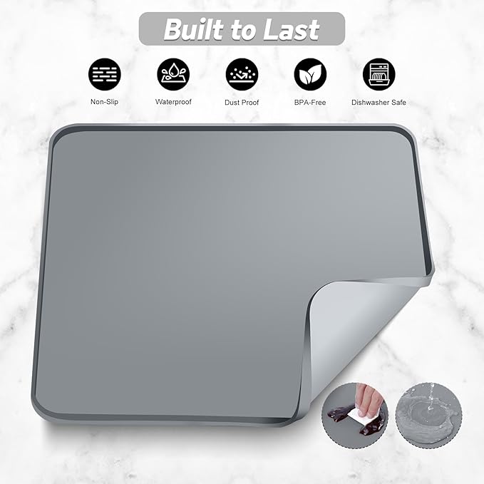 Garolue Silicone Coffee Mat,16"×16" Waterproof Heat Resistant Bar Mat for Espresso Machine Station Accessories,Non Slip Dish Drying Mat for Kitchen Counter,Home Decor Essentials,Grey