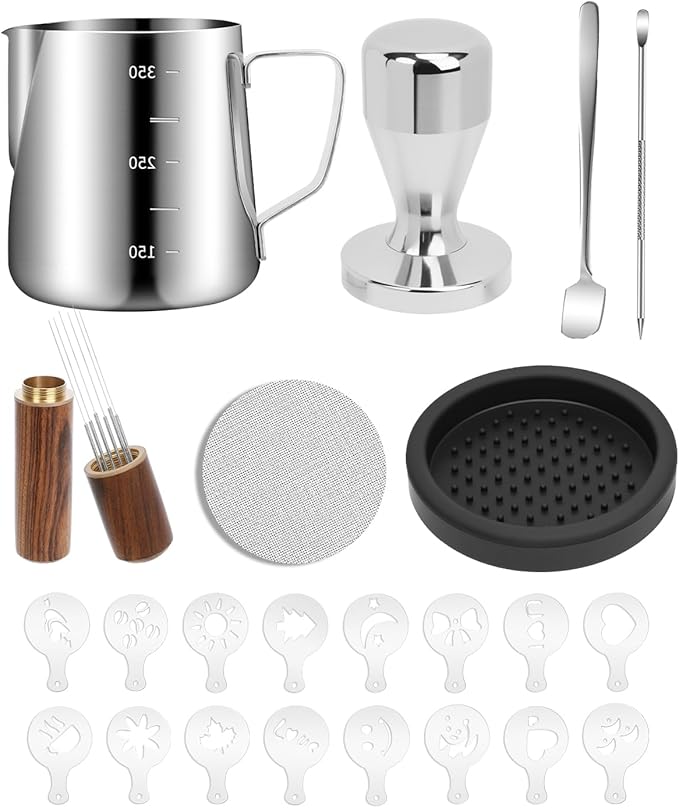 Espresso Kit, 350ml Espresso Milk Frothing Pitcher, 53mm Espresso Tamper, WDT Tool, 53.5mm Puck Screen, Dessert Spoons, Tamper Mat, Latte Art Pen &16 PCS Coffee Decorating Stencils