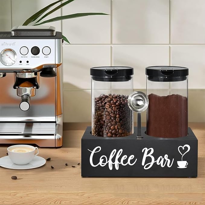Glass Coffee Containers with Shelf & Scoop, 2 Pcs 48OZ Coffee Storage Jars with Airtight Lid for Coffee Beans, Coffee Powder, Nuts, Snack, Sugar, Tea, Black