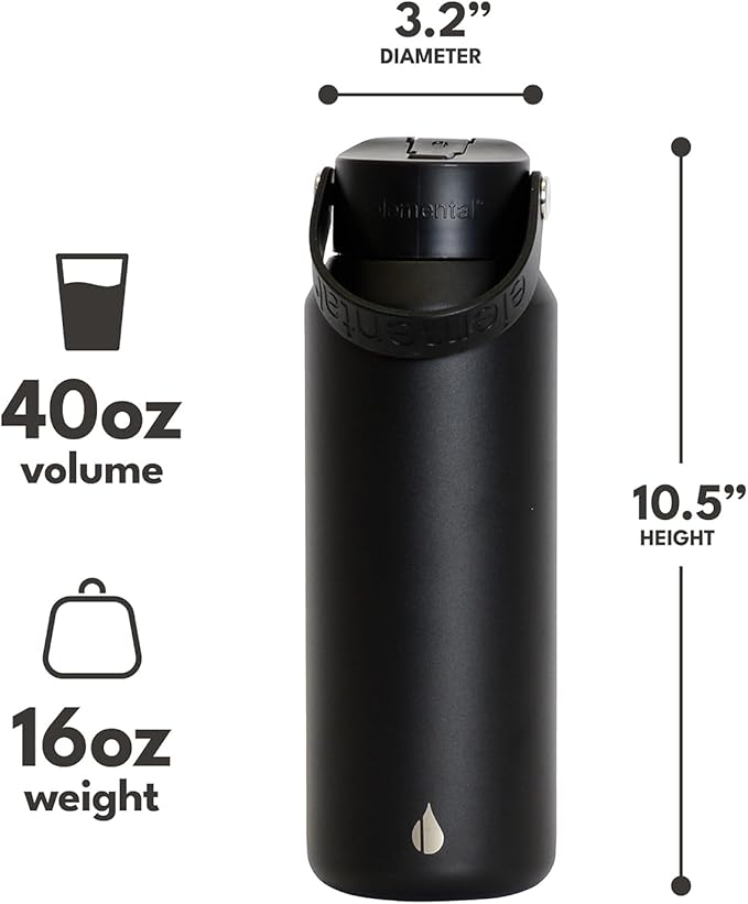 Elemental 40oz Insulated Water Bottle with Straw - 100% Leak-Proof Stainless Steel Core Water Bottles for Travel, Sports and Gym - Double Wall Insulation & BPA Free - Black