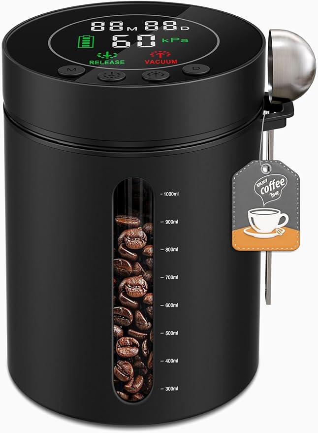 Automatic Vacuum Coffee Canister, 1.3L Airtight Food Storage Containers with Smart Pressure Sensor, Electric Coffee Bean Container Rechargeable with LED Display Window for Home Kitchen Food Storage
