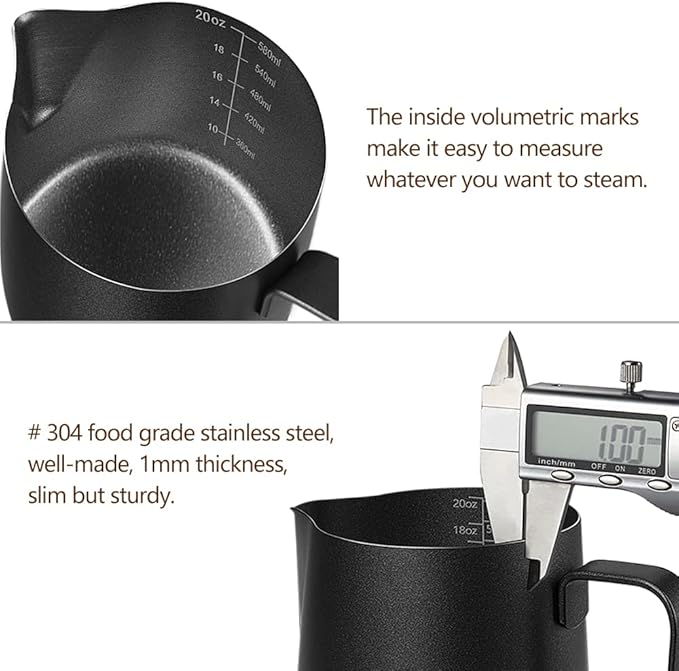 HOOMIL Milk Frothing Pitcher, 12oz/20oz/32oz Stainless Steel Steaming Pitcher Barista Milk Frother Cup Jug for Espresso Machine Coffee Cappuccino Latte Art - 20oz