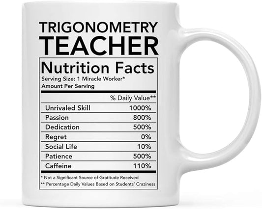 Andaz Press Funny 11oz. Ceramic Coffee Tea Mug Thank You Gift, Trigonometry Teacher Nutritional Facts, 1-Pack, Novelty Gag Birthday Christmas Gift Ideas Coworker