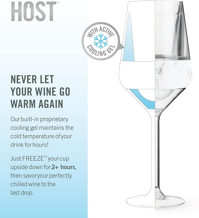 Host Stemmed Wine Glass Freeze Cup, Double Wall Insulated Cooling Tumbler with Freezing Gel, Glasses for Red and White Wine, 6.5 oz, Set of 2, Marble