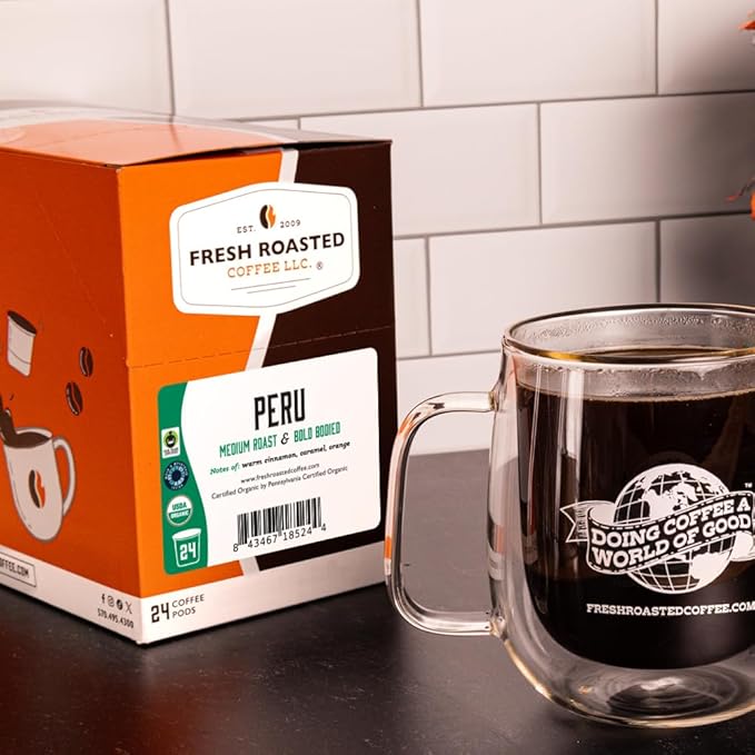 Fresh Roasted Coffee, USDA Organic Peru | 3rd Party Tested for Pesticides, Mold, Mycotoxins, Kosher | 100% Arabica, Specialty Grade, Med Roast 24 Pods for K Cup Brewers