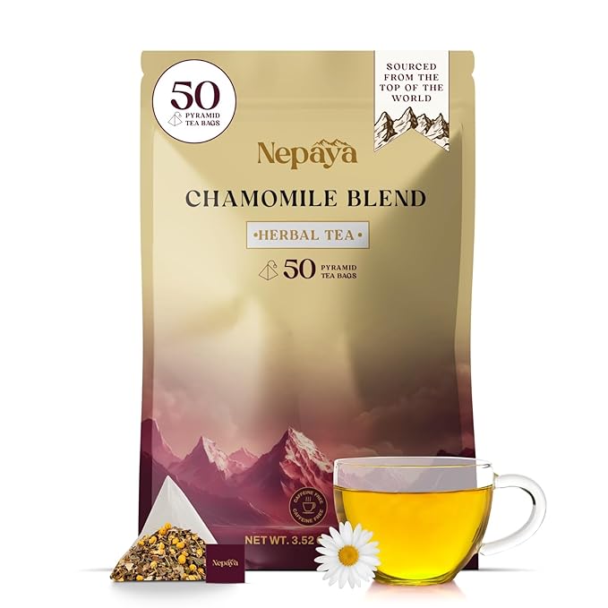 Nepaya Chamomile Herbal Tea Bags – 50 Count Pyramid Bags, Himalayan Chamomile & Lemongrass Blend, Biodegradable, Caffeine-Free Sleep Tea for Relaxation and Bedtime Calm from Nepal