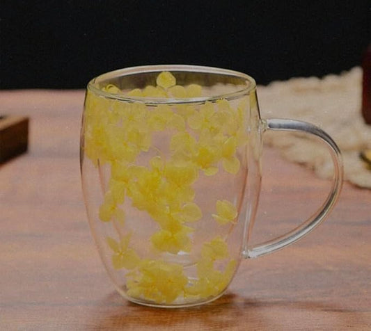 Leilanis Double Wall Glass Coffee Mug, Floral Design, Transparent Cup with Autumn Flowers (style 3)