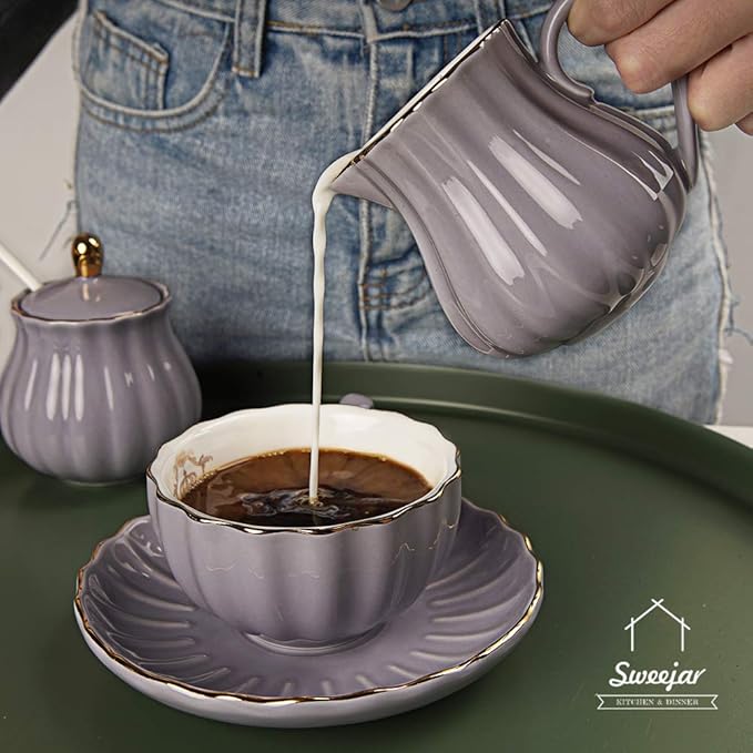 Sweejar Royal Ceramic Sugar and Creamer Set, 3 Piece Set with Cream Pitcher, Sugar Bowl, Sugar Set with Lid & Spoon, Coffee Serving Set Wedding Gift(Purple)