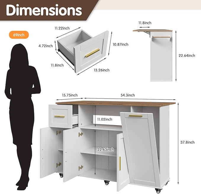 Rolling Kitchen Island Cart on Wheels,59" Mobile Island Carts with Folding Drop Leaf & 2 Storage Cabinet,Portable Prep Table with Drawer & Trash Storage Cabinet for Kitchen,White