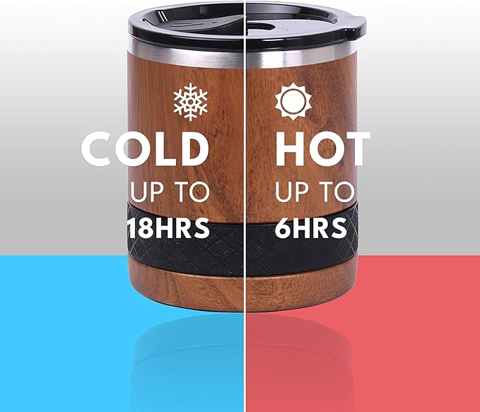 Elemental Recess Lowball Tumbler Set of 2, 10oz Triple Wall Stainless Steel Cup with Non-Shattered Tritan Lid, Insulated Whiskey Glass, Insulated Coffee Tumbler Mug for Hot & Cold Drinks - Teakwood