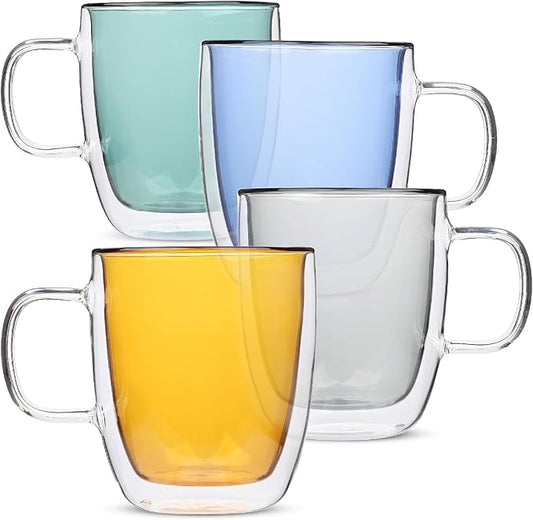 BTaT- Double Walled Glass Coffee Mugs, 12 oz, Set of 4, Colored Glass Coffee Cups with Handle, Insulated Clear Coffee Mug for Hot and Cold Beverages, Cappuccino, Latte, Tea, Americano, Microwave Safe