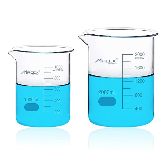 Sturdy Glass Beakers, 2 Sizes of 1000ml 2000ml,3.3 Borosilicate Griffin Low Form with Printed Graduation, BKLS06-002
