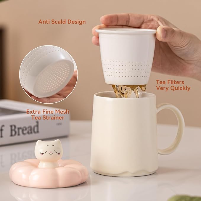 Spinning Cat Tea Cup with Infuser and Lid 14oz - Ceramic Mug with Lid, Floral Design Tea Gift for Women, Anniversary Birthday Gift Compatible with Warmer