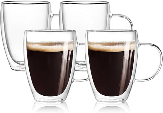 4-Pack 12 Oz Double Walled Glass Coffee Mugs with Handle, Insulated Layer Coffee Cups, Clear Borosilicate Glass Mugs, Gift for Cappuccino,Tea,Latte,Espresso,Hot Beverage,Wine, Microwave Safe, Set of 4