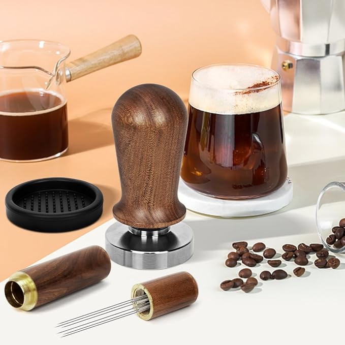 Y-Step 51mm Espresso Tamper Set, 30 lb Consistent Pressure Calibrated Coffee Tamper with Spring Loaded, Silicone Mat, Coffee Stirrer Espresso Distribution Tool, Wooden Barista Kit for Espresso Machine