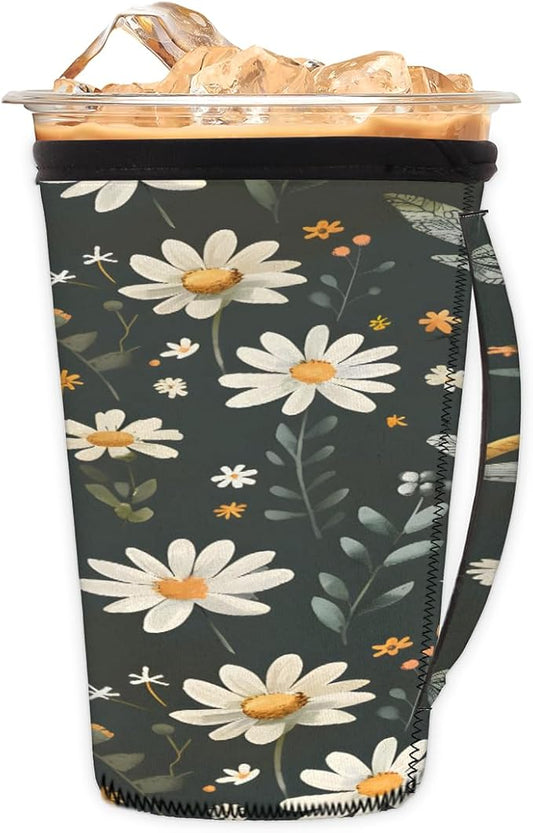 Reusable Iced Coffee Cup Sleeve Butterfly Daisy Neoprene Insulated Sleeves Cup Holder with handle Idea for 30oz - 32oz