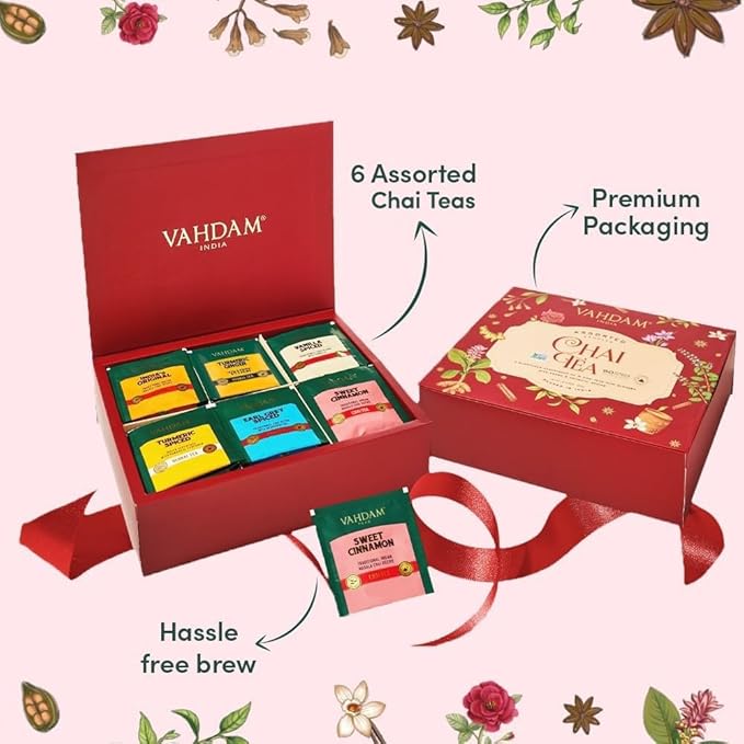 VAHDAM, Assorted Chai Tea Variety Pack (6 Delicious Flavors, 36 Eco Friendly Pyramid Tea Bags) Caffeinated, Gluten Free, Non GMO | Indian Masala Chai Tea Blends | Valentines Day Gifts for Him & Her
