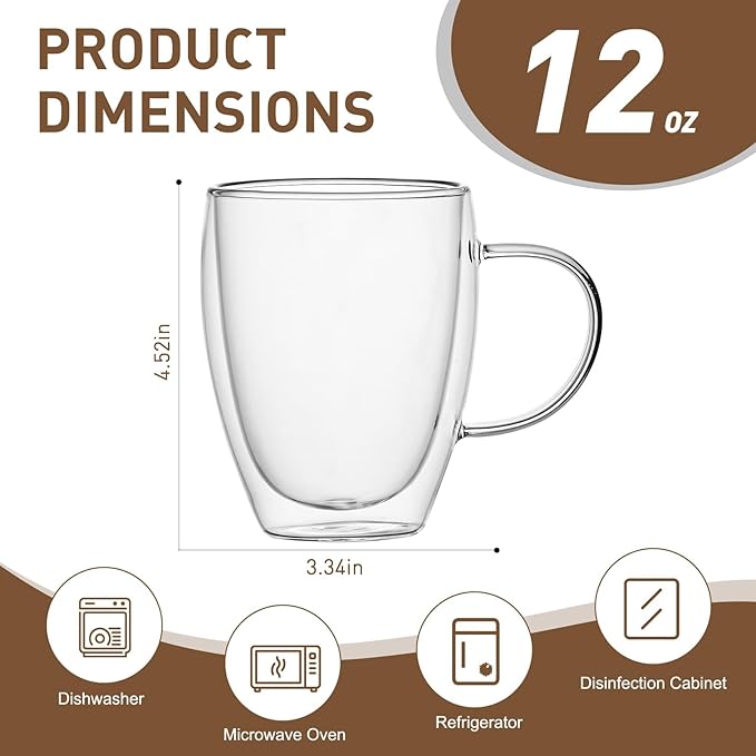 4-Pack 12 Oz Double Walled Glass Coffee Mugs with Handle, Insulated Layer Coffee Cups, Clear Borosilicate Glass Mugs, Gift for Cappuccino,Tea,Latte,Espresso,Hot Beverage,Wine, Microwave Safe, Set of 4