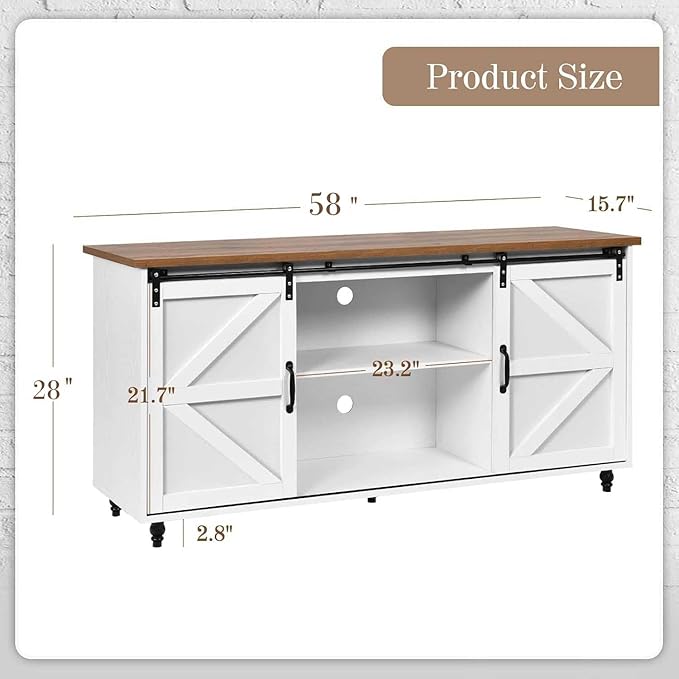 4ever2buy Farmhouse Coffee Bar Cabinet with Storage, 58'' Sideboard Buffet Cabinet with Sliding Barn Door, White Coffee Bar with Gourd Feet, Farmhouse Cabinet for Living Room