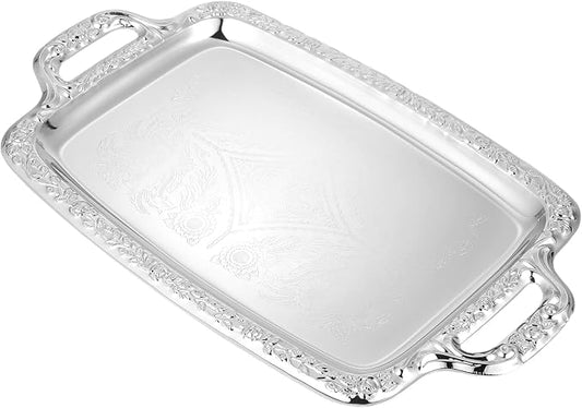 STOBAZA Silver Serving Tray, Metal Coffee Table Ottoman Tray with Handles, Rectangle Butler Plate for Breakfast in Bed, Table Decor - 15.3X9X0.67inch
