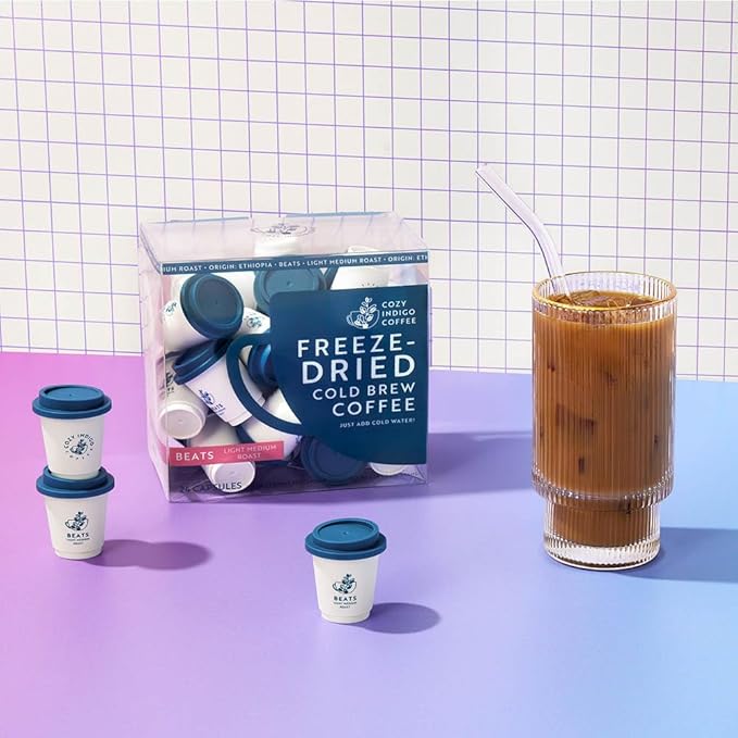 COZY INDIGO COFFEE - BEATS Cold Brew Light Medium Roast Instant Freeze Dried Specialty Coffee, 24 Capsules, 100% Arabica Beans, Dissolves Instantly, Enjoy Cold or Hot, Perfect for Travel and On The Go