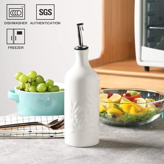 Sweejar Ceramic 20 Oz Olive Oil Dispenser Bottle, Relief Opaque Oil Cruet, Suitable for Storage Oil, Vinegar, Soy Sauce, Coffee Syrup, Liquids, Set of 1 (White)
