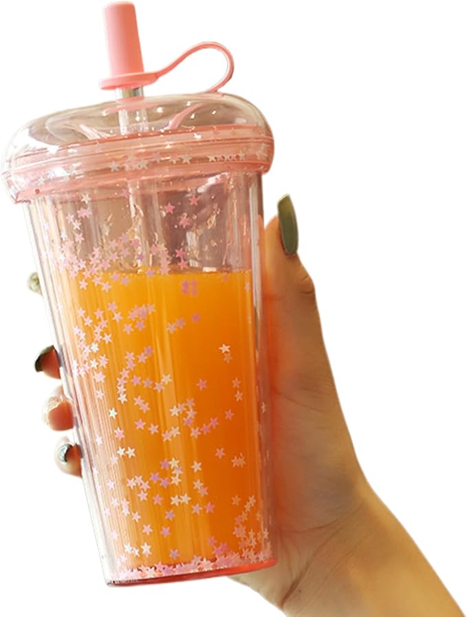 Double Wall Tumbler with Lid and Straw, 420ml/14.2oz Safe Insulated Cup with Straw, Leakproof Glitter Cups, Portable Water Cup with and Lid for School, Office, Travel Style 1 water tumbler
