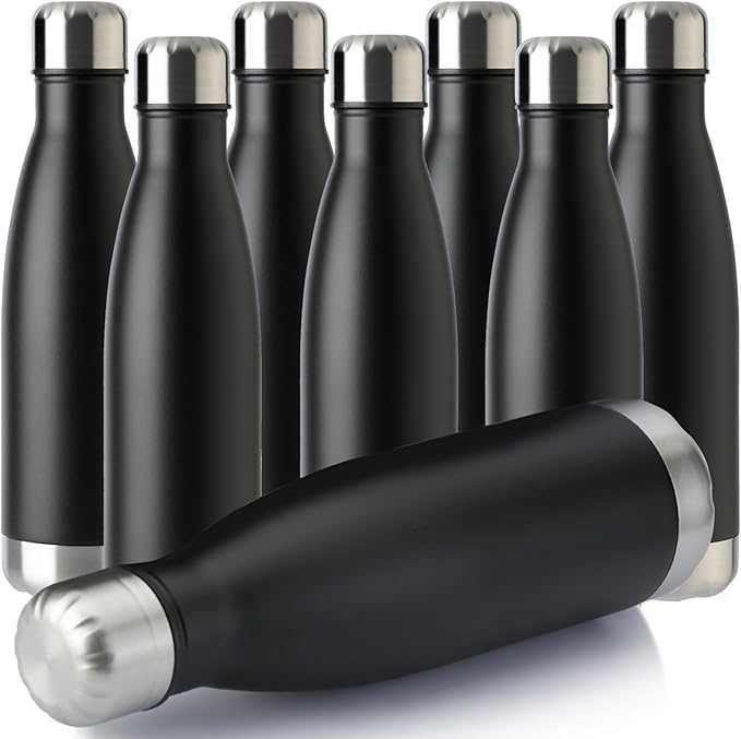 MEWAY 17oz Sport Water Bottle 8 Pack Vacuum Insulated Stainless Steel Leak-Proof Double Wall Cola Shape Water Bottle,Keep Drinks Hot & Cold (Black,8 Pack)