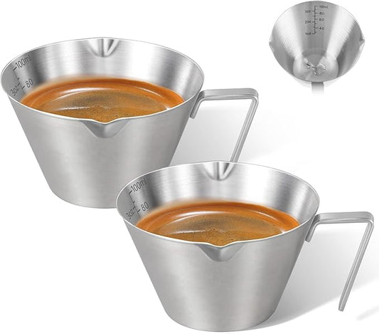 carrottimes 2 Pcs Espresso Cups with Handle, Stainless Steel, Double Spout Metal Measuring Cup with Dual Scale, Espresso Shot Cup with V-Shaped Mouth, 3.4oz/100ml(Silver)