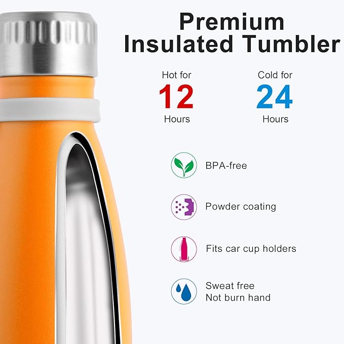 koodee Insulated Water Bottle, 17 oz Stainless Steel Double Wall Vacuum Flask Cola Shape Leak Proof Sports Water Bottle (Mango Yellow)