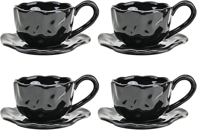 MyBudsBuzz Ceramic Espresso Cups with Saucers 6 oz,Coffe Cups for Cappuccino,Latte,Tea with Saucers Set of 4 - Flods - Black