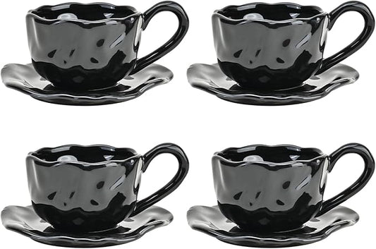 MyBudsBuzz Ceramic Espresso Cups with Saucers 6 oz,Coffe Cups for Cappuccino,Latte,Tea with Saucers Set of 4 - Flods - Black