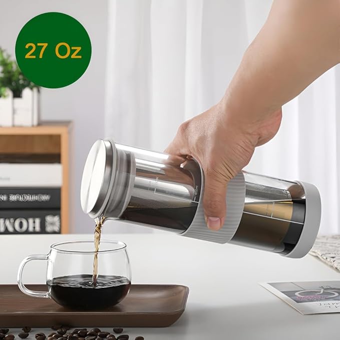Airtight Cold Brew Coffee Maker & Tea Infuser - 800ml Glass Carafe Pitcher for Iced Coffee Brewing,Glass Coffee Pot