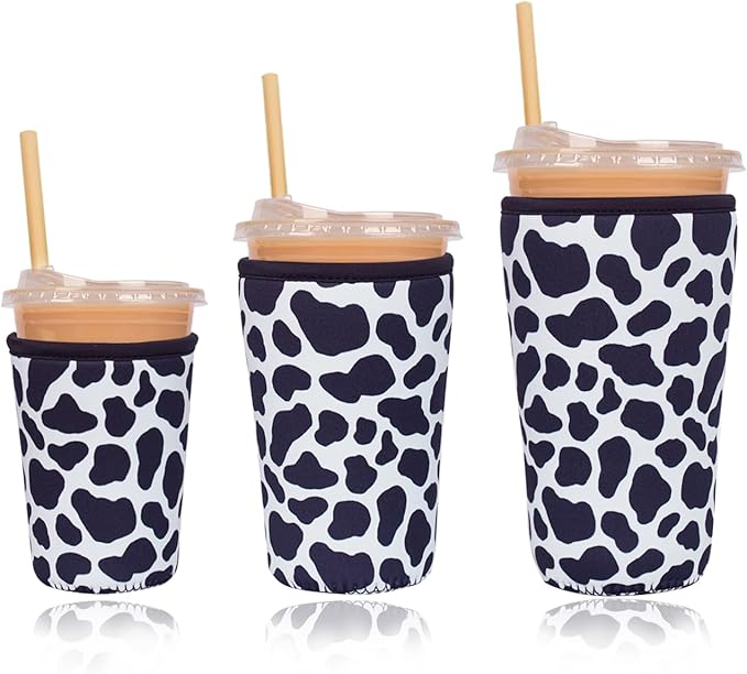 Reusable Insulated Neoprene Iced Coffee Cup Sleeve, Durable Drink Sleeve for Cold Beverages, Beverage Holder for Iced Coffee, Cowprint Chic