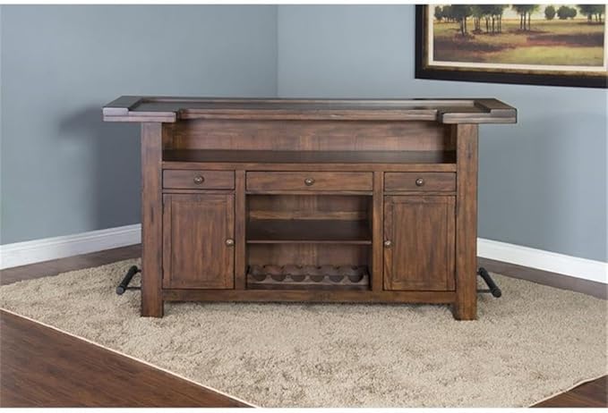 Pemberly Row 78" Farmhouse Wood Freestanding Island Home Bar Unit, Stemware Wine Rack, Storage Cabinets, for Kitchen and Basements, in Mahogany Brown