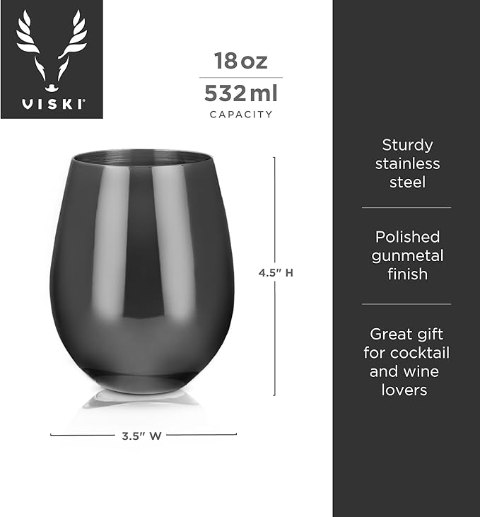 Viski Gunmetal Stainless Steel Wine Glasses, Modern Wine Tumblers, Elegant Drinking Glasses for Red and White Wines, Wedding Gifts, Holiday, Birthday Party, Home Bar, Drinkware Set of 2, 18 oz, Black