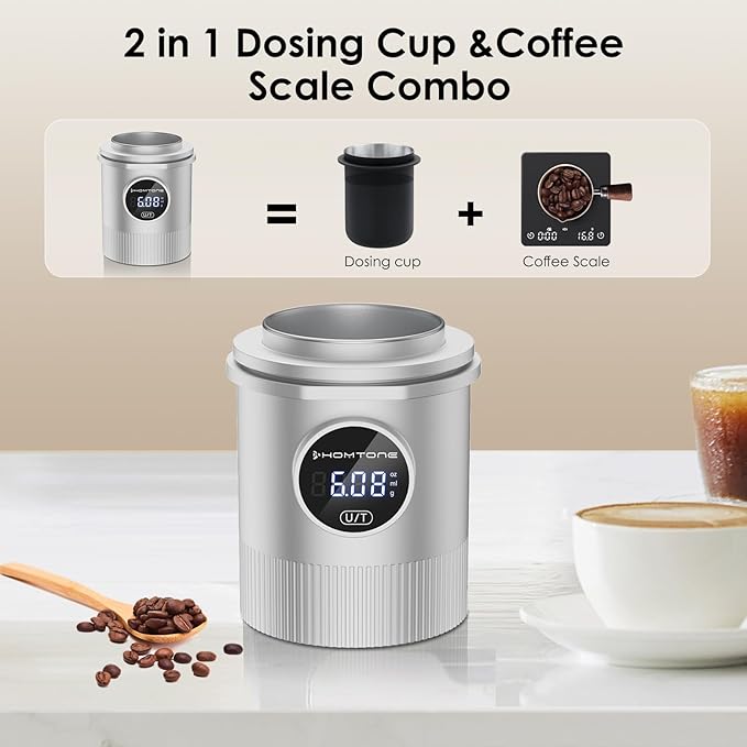 HOMTONE Dosing Cup & Coffee Scale Combo,One-touch Easy Control, Multi-Purpose for Espresso, Drip Coffee, French Press& More – Fits 58mm Portafilters, Waterproof & Easy Cleaning (silver)