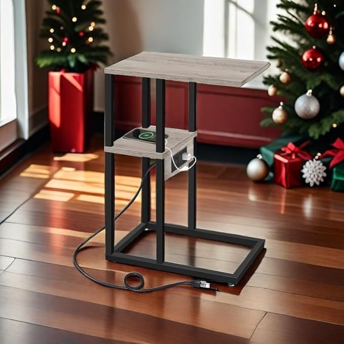 TUTOTAK C Shaped End Table with Charging Station, Side Table for Small Spaces, Living Room, Bedroom V1TB01BG043