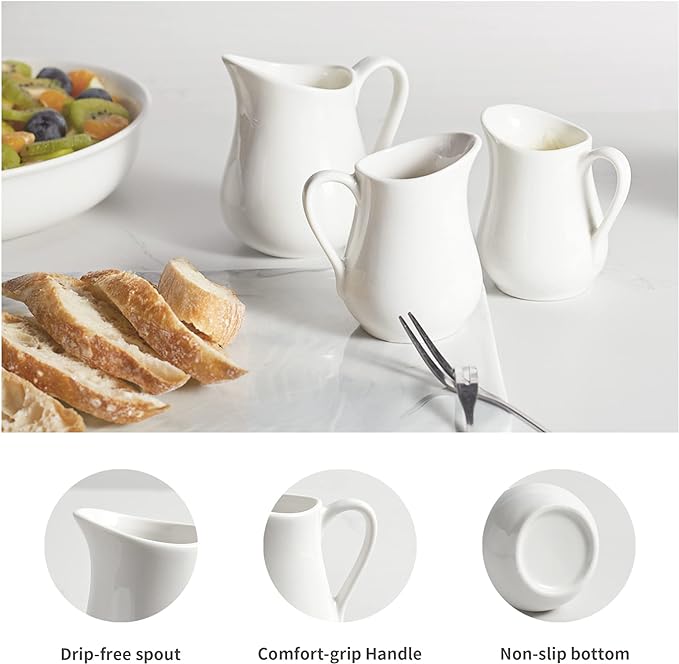 Gurygo 8 Pack 4 Oz Classic White Creamer with Handle - Small Ceramic Creamer Pitcher Set - Fine Porcelain Small Milk Pitcher for Coffee Milk Sauces Salad, Microwave & Freezer Safe