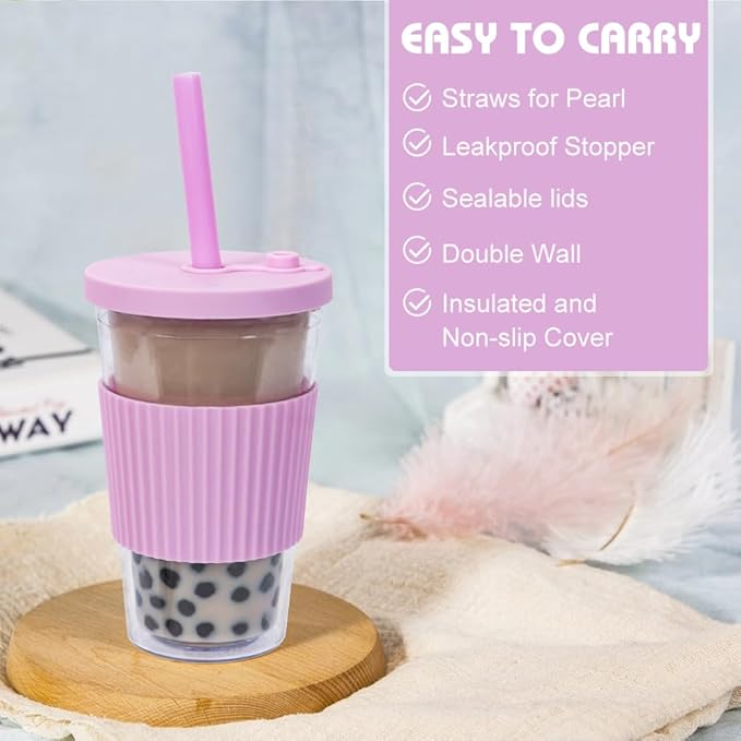 2 Pack Reusable Boba Cups, 17oz Iced Coffee With Straw and Lid, Leakproof Clear Plastic Tumbler, Double Wall Insulated Smoothie Cup, Pastel Violet and Cornflower Blue