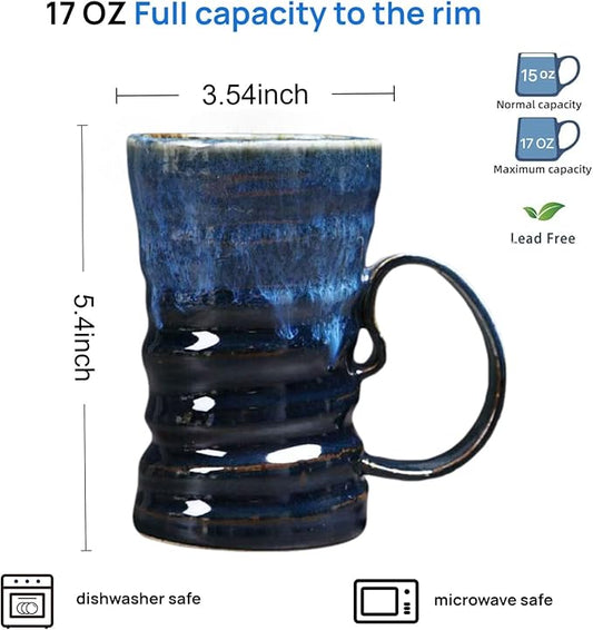 17oz Large Unique Cool Tall Handmade Ceramic Coffee Mug with Comfortable Big handle, Big Pottery Tea Mug, Artisanal Stoneware Coffee cup, Rustic Lead-free Tea Cups, Microwave safe Coffee Cup