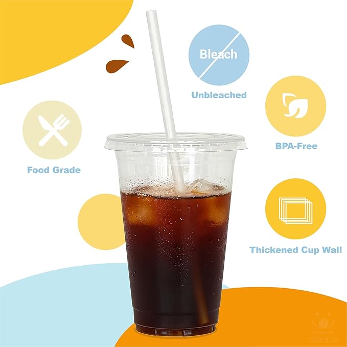 Coolcap 20 oz 100 Pack Disposable Clear Plastic Cups with Lids and Straws, Food Safe Bulk Iced Coffee Cups for Smoothies, Milkshakes and Other Cold Drinks