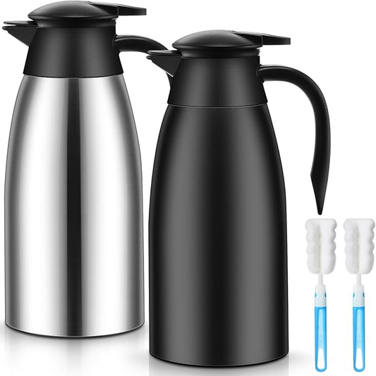 Norme 2 Pcs Thermal Coffee Carafe Insulated Stainless Steel Coffee Carafe for Hot Liquid Vacuum Thermal Pot Creamer Pitcher Dispenser with Brushes Keeping Hot Water Milk(Black, Silver,68 oz)