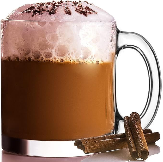 Le'raze 6-Pack Glass Coffee Infusion Mugs with Handle, Clear Tea cups Mugs, Espresso Cups Perfect for Cappuccino, Latte, Tea, Cafe Warm Beverage, Dishwasher & Microwave Safe.